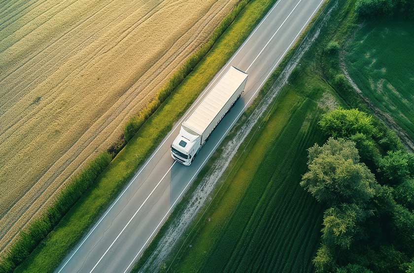 LKW auf Landstrasse aus Vogelperspektive
